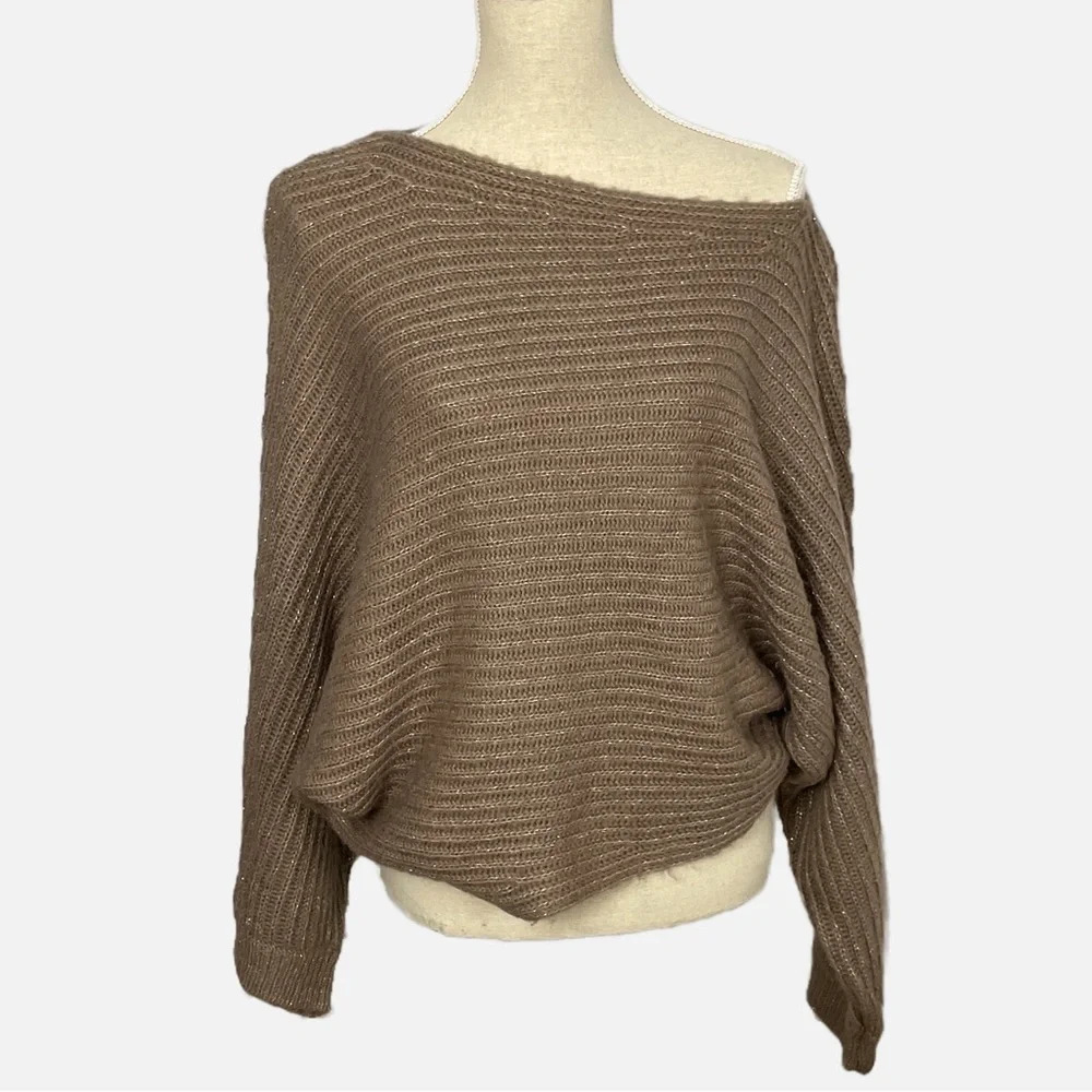 Aryn K. Sweater Women Medium Taupe Sparkle Metallic Off Shoulder‎ Batwing